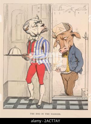 The dog in the manger, A dog dressed as a butler. A bull stands at a door holding a sign which states 'I am starving'. Image taken from The Fables of Stock Photo