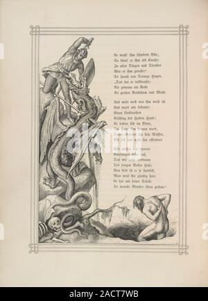 A knight fighting a dragon. Image taken from Der Nibelungen Noth illustrirt mit Holzschnitten nach Zeichnungen von J. Schnorr von Carolsfeld und E. Ne Stock Photo