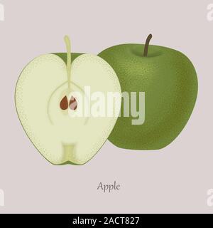 Green apple and apple slice, icon isolated on gray background. Stock Vector