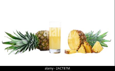 Pineapple with slices and juice in a glass on a white background Stock ...