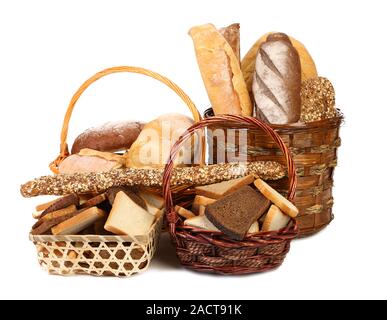 Fresh bread in baskets isolated on white Stock Photo