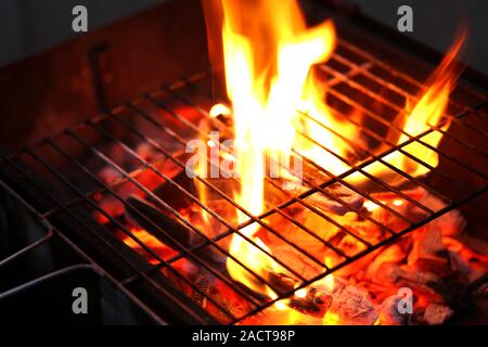 Blazing fire in Grilled. Close up. Stock Photo