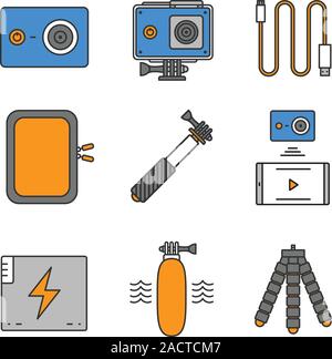 Action camera color icons set. Sport cam, usb cable, battery, phone connection, waterproof case, selfie monopod stick, floating grip, box, tripod. Iso Stock Vector