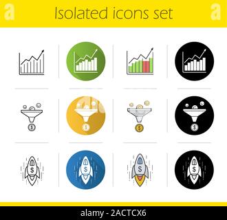 Business icons set. Flat design, linear, black and color styles. Sales funnel, income growth chart, business success. Isolated vector illustrations Stock Vector