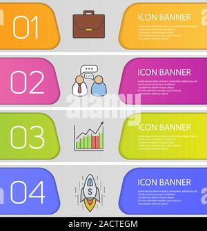 Business banner templates set. Easy to edit. Briefcase, working conversation, growth chart and spaceship. Website menu items. Color web banner. Vector Stock Vector