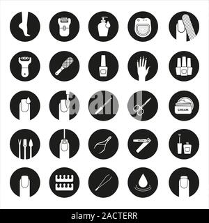 Manicure and pedicure icons set. Nail polish, scissors, epilator, spa bath, soap, cream, tweezers, foot rasp, cuticle nipper. Vector white silhouettes Stock Vector