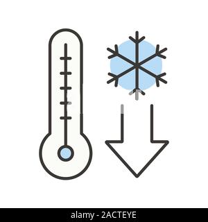 Temperature falling color icon. Thermometer with snowflake. Cold winter weather. Isolated vector illustration Stock Vector