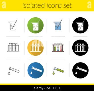 Chemical lab items icons set. Flat design, linear, black and color styles. Tube with liquid drop, test tubes rack, beaker with rod. Chemistry class eq Stock Vector