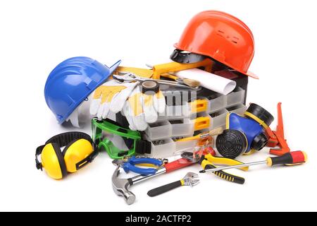 Plastic workbox with assorted tools. Stock Photo
