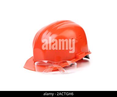 Red hard hat and glasses. Stock Photo