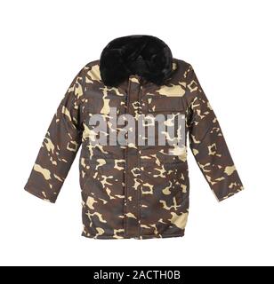 Camouflage winter jacket with black collar. Stock Photo