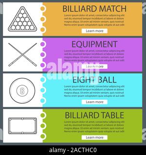 Billiard banner templates set. Easy to edit. Snooker ball rack, crossed cues, table, eight ball. Color website menu items with linear icons. Vector he Stock Vector