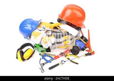 Plastic workbox with assorted tools. Stock Photo