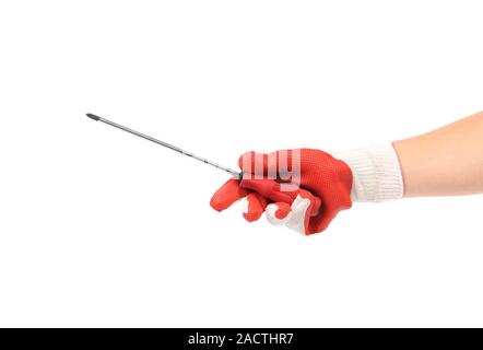 Hand in glove holding screwdriver. Stock Photo