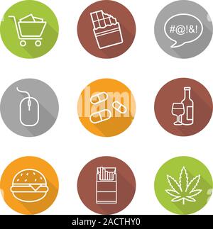 Addictions flat linear long shadow icons set. Smoking, drugs, fastfood, swearing, shopping, computers, alcoholism. Vector line illustration Stock Vector