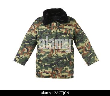 Camouflage winter jacket with black collar. Stock Photo