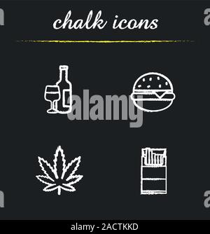 Bad habits chalk icons set. Drugs addiction, smoking, obesity, alcoholism. Marijuana leaf, hamburger, open cigarette pack, wine bottle and glasses. Is Stock Vector