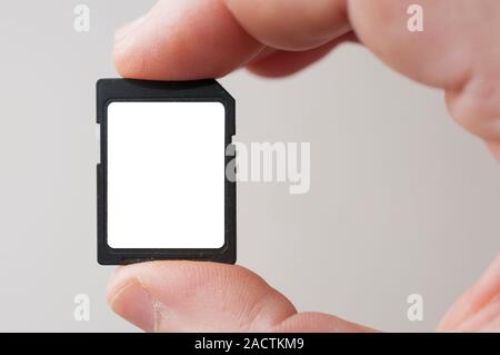Man fingers hold a blank label SD (standard definition) memory card Stock Photo