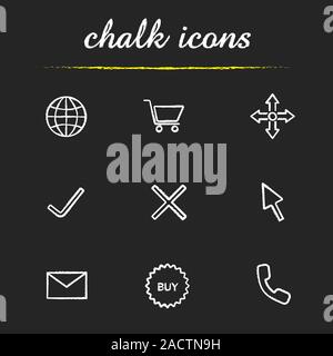 Online shopping chalk icons set. Worldwide and delivery symbols, shopping cart, yes and no signs, computer cursor, message, buy sticker, handset. Isol Stock Vector