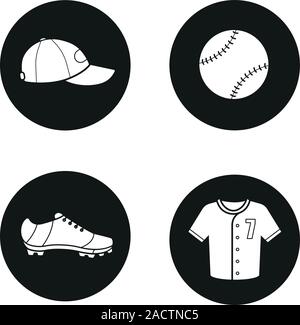 Baseball icons set. Softball equipment. Ball, cap, shoe and t-shirt. Vector white silhouettes illustrations in black circles Stock Vector