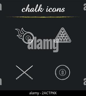 Billiard chalk icons set. Pool equipment. Cuesports accessories. Eight ball, cues, ball rack and burning ball. Isolated vector chalkboard illustration Stock Vector