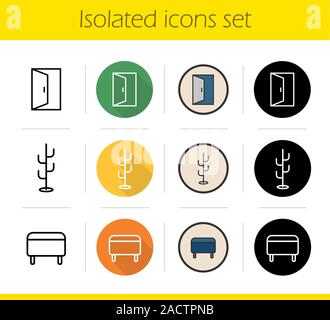 Furniture icons set. Flat design, linear, black and color styles. Room interior. Open door, hanger, ottoman. Isolated vector illustrations Stock Vector
