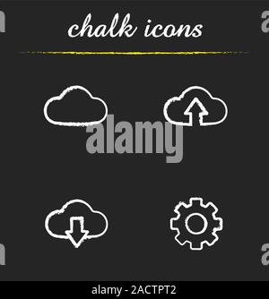Cloud computing chalk icons set. Cloud, upload and download arrows, and settings symbols. Isolated vector chalkboard illustrations Stock Vector