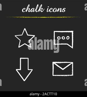 Digital chalk icons set. Star mark, chat box, email letter, download arrow. Isolated vector chalkboard illustrations Stock Vector
