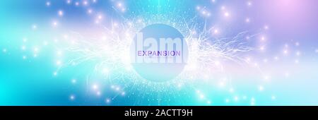 Expansion of life. Colorful explosion background with connected line and dots, wave flow. Visualization Quantum technology. Abstract graphic Stock Vector