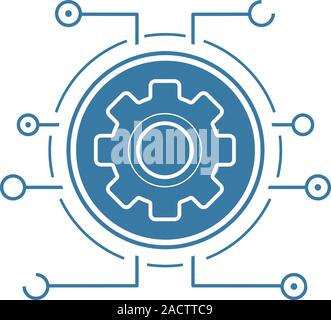 Settings flat linear long shadow icon. Cogwheel in microchip pathways. Cyber technology. Vector line symbol Stock Vector