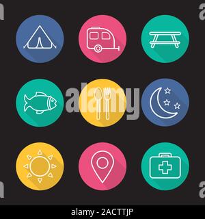 Camping and tourism flat linear long shadow icons set. Tent, trailer, picnic table, fish, fork and spoon, moon and stars, sun, geolocation mark, first Stock Vector