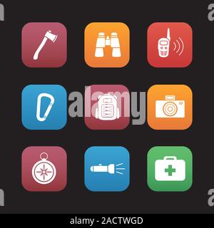 Camping equipment flat design icons set. Tourist gear. Axe, binoculars, walkie-talkie, backpack, photo camera, compass, flashlight, first aid kit. Web Stock Vector