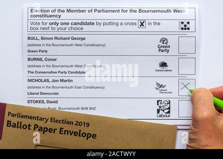 Candidates for Bournemouth West constituency on Ballot Paper for Parliamentary general Election 2019 in UK - X against Liberal Democrats - voting vote Stock Photo