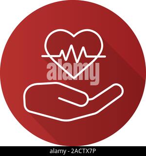 Heart care flat linear long shadow icon. Human hand with heartbeat curve. Vector line symbol Stock Vector