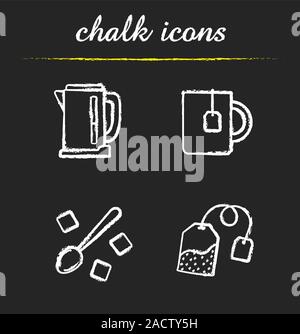 Tea chalk icons set. Electric kettle, mug with teabag, spoon and raffinade sugar cubes. Isolated vector chalkboard illustrations Stock Vector