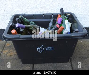 Aberystwyth Ceredigion/UK December 3 2019:  Kerbside glass jar and bottle recycling containers used for weekly glass recycling in Ceredigion, Wales Stock Photo