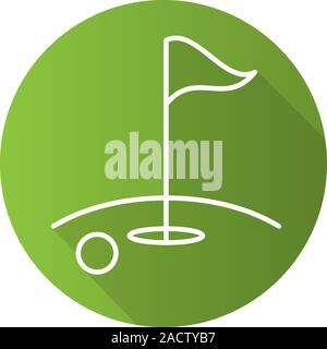 Golf course flat linear long shadow icon. Ball and flagstick in hole. Vector line symbol Stock Vector