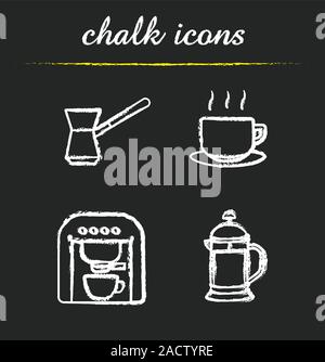 Coffee chalk icons set. Turkish cezve, steaming coffee cup on plate, espresso machine, french press. Isolated vector chalkboard illustrations Stock Vector
