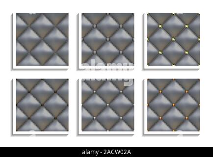 Seamless vector patterns of gray leather upholstery with gold, silver, diamond buttons. Luxury textures of vintage furniture Stock Vector