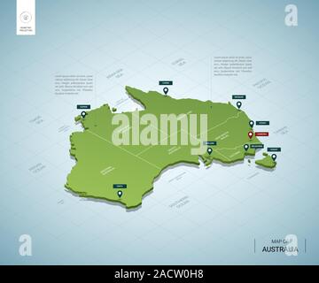 Stylized map of Australia. Isometric 3D green map with cities, borders, capital Canberra, regions. Vector illustration. Editable layers clearly labele Stock Vector