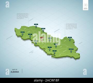 Stylized map of Albania. Isometric 3D green map with cities, borders, capital Tirana, regions. Vector illustration. Editable layers clearly labeled. E Stock Vector