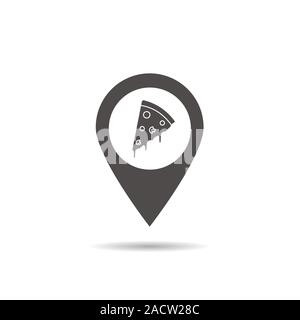 Pizzeria location icon. Drop shadow map pointer silhouette symbol. Pizza cafe and restaurant pinpoint. Vector isolated illustration Stock Vector