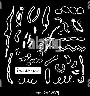 Vector set hand drawn bacteria, microbe and virus isolated on black background. Doodle outline collection. Stock cute illustration. Microscopic bacter Stock Vector