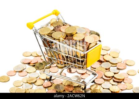 Shopping basket with coins Stock Photo