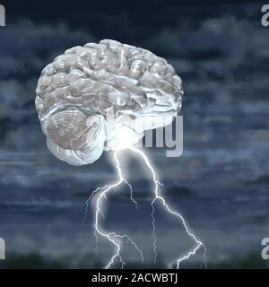 This image may not be used in educational posters Brainstorm. Conceptual artwork of a human brain in a storm with heavy thunder clouds and lightning a Stock Photo