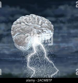 This image may not be used in educational posters Brainstorm. Conceptual artwork of a human brain in a storm with heavy thunder clouds and lightning a Stock Photo
