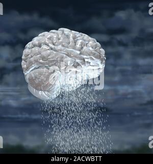 This image may not be used in educational posters Brainstorm. Conceptual artwork of a human brain in a storm with heavy thunder clouds and rain. This Stock Photo