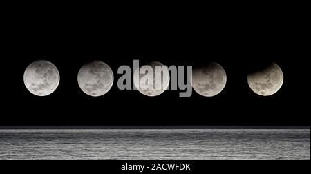 Partial lunar eclipse. Composite sequence of the Moon over water during the partial lunar eclipse of 4 June 2012. Lunar eclipses occur when the Earth Stock Photo