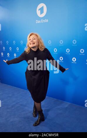 Hamburg, Germany. 03rd Dec, 2019. Maren Kroymann, actress, stands in front of a logo wall at a photo shoot on the occasion of the ARD annual press conference. Credit: Georg Wendt/dpa/Alamy Live News Stock Photo