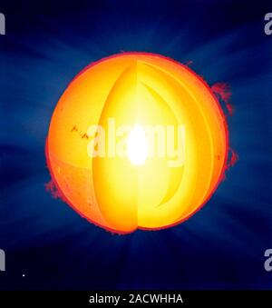 Internal structure of the Sun, cutaway artwork. At the Sun's core (white) hydrogen atoms undergo nuclear fusion, producing helium atoms and releasing Stock Photo